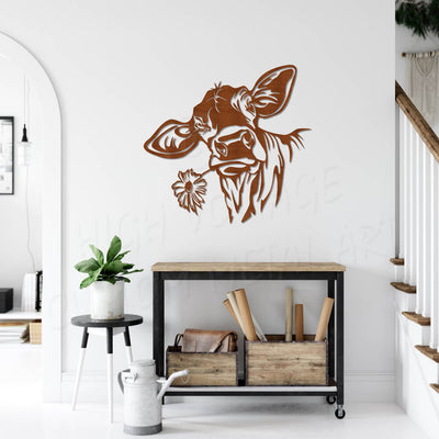 cow with flower steel wall art